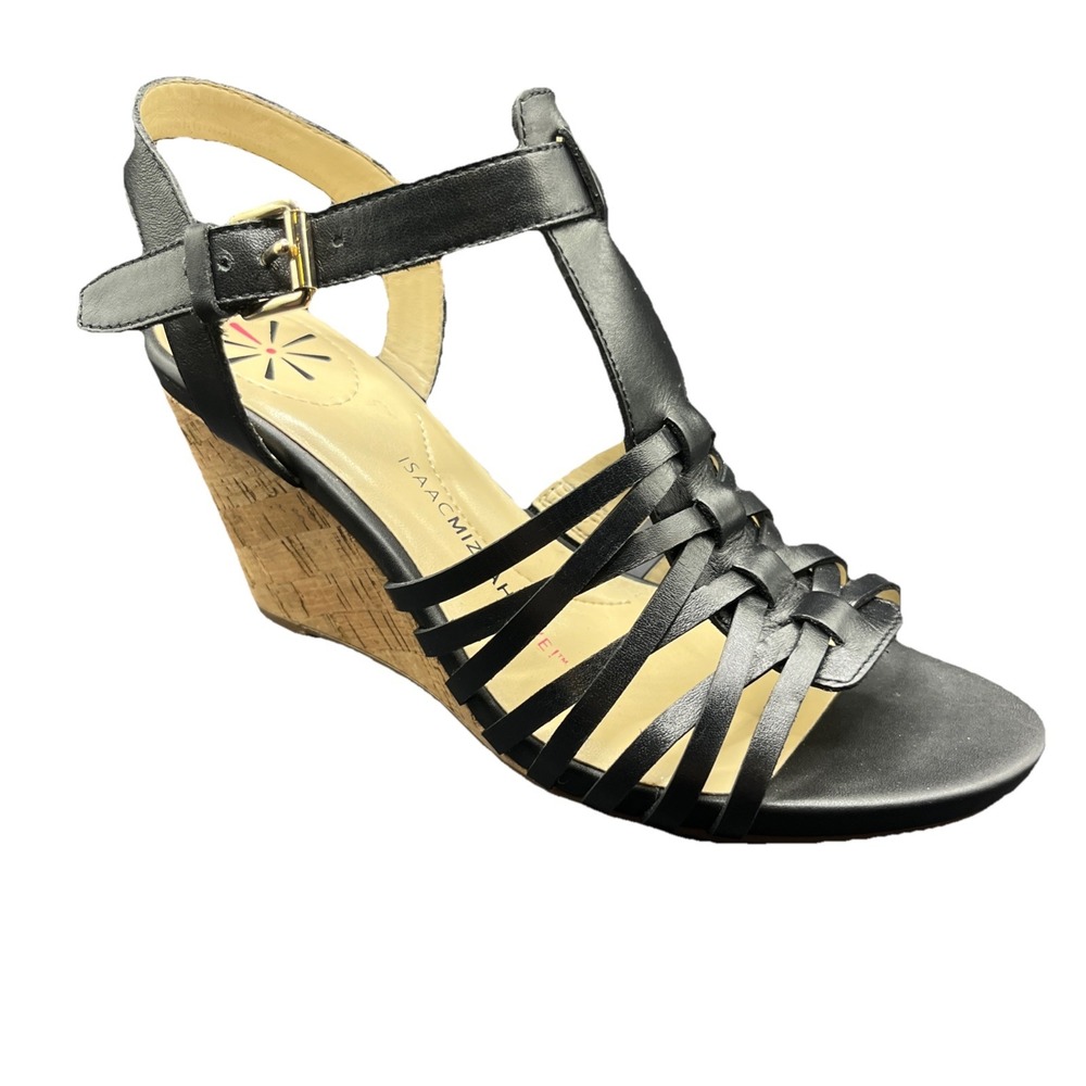 Isaac Mizrahi Live! Cork Wedge 3" heels Slingback Sandals Black Strappy 6 .5 New